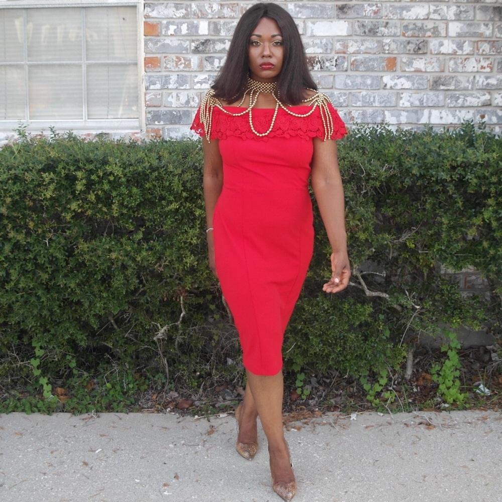 Red strapless midi 96% polyester 4% spandex dress.